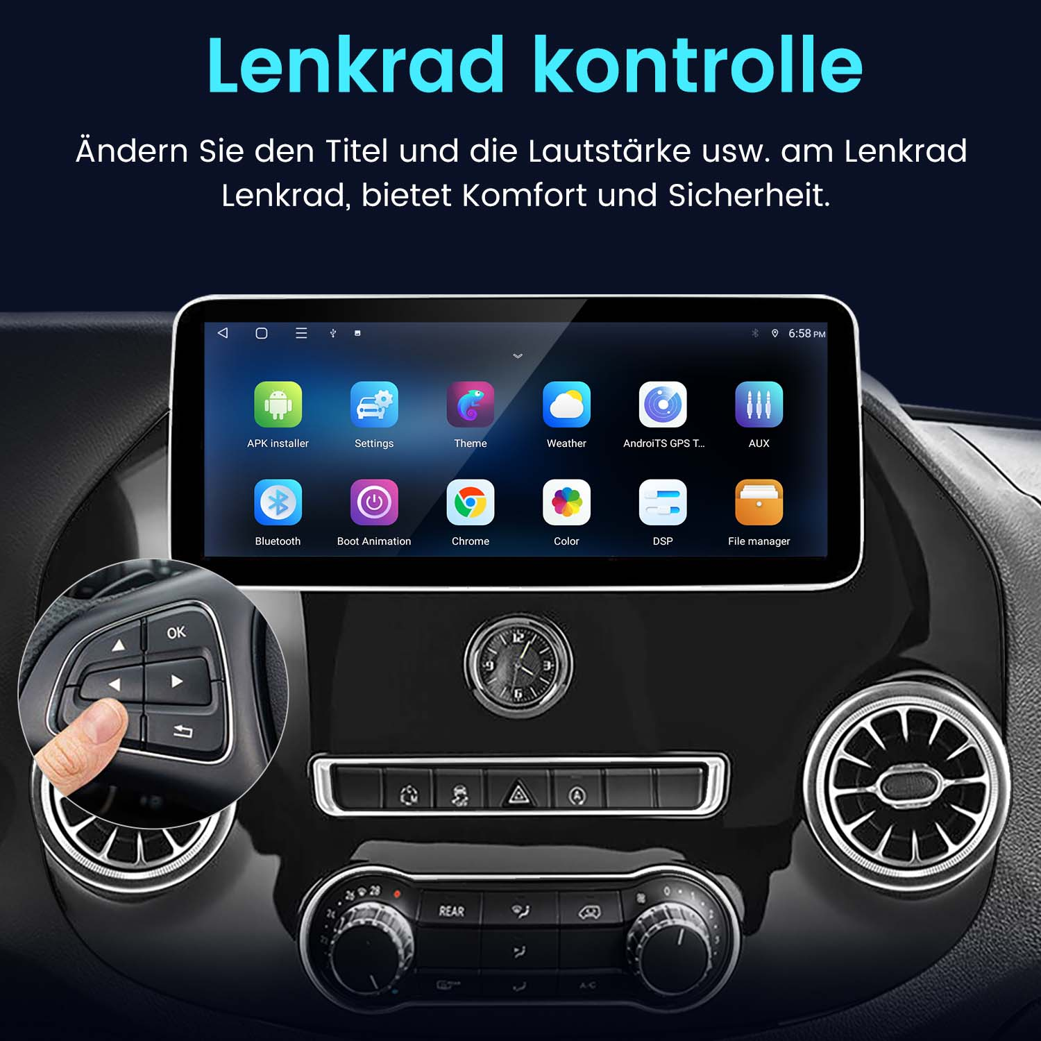 Auto-Infotainment-System mit Bildschirm, zeigt verschiedene App-Symbole. Armaturenbrettansicht. Weißer Hg.