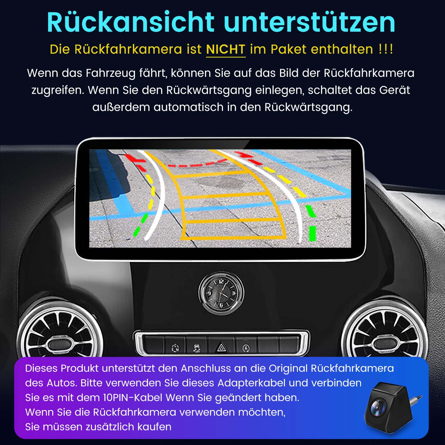 Auto-Armaturenbrett-Anzeige mit Rückfahrkamera und Komponenten.
