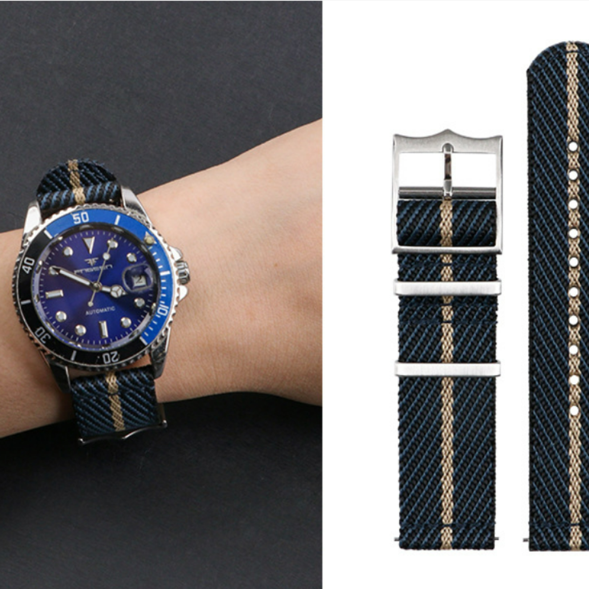 Armbanduhr mit blau-goldfarbenem Armband. Zusätzliches Armband daneben.