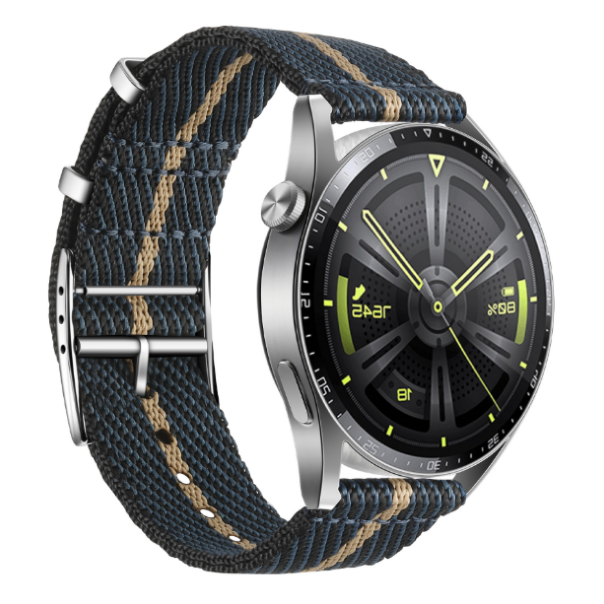 Silberne Smartwatch mit schwarz-gelb gestreiftem Armband. Zeigt Zeit und Daten.