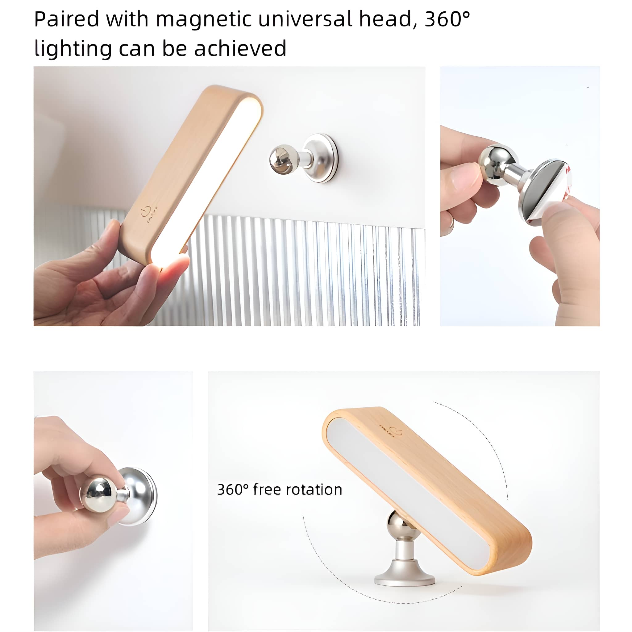 Bilder zeigen ein Licht. Es verwendet eine magnetische Basis. Das Licht ist hölzern und rechteckig.