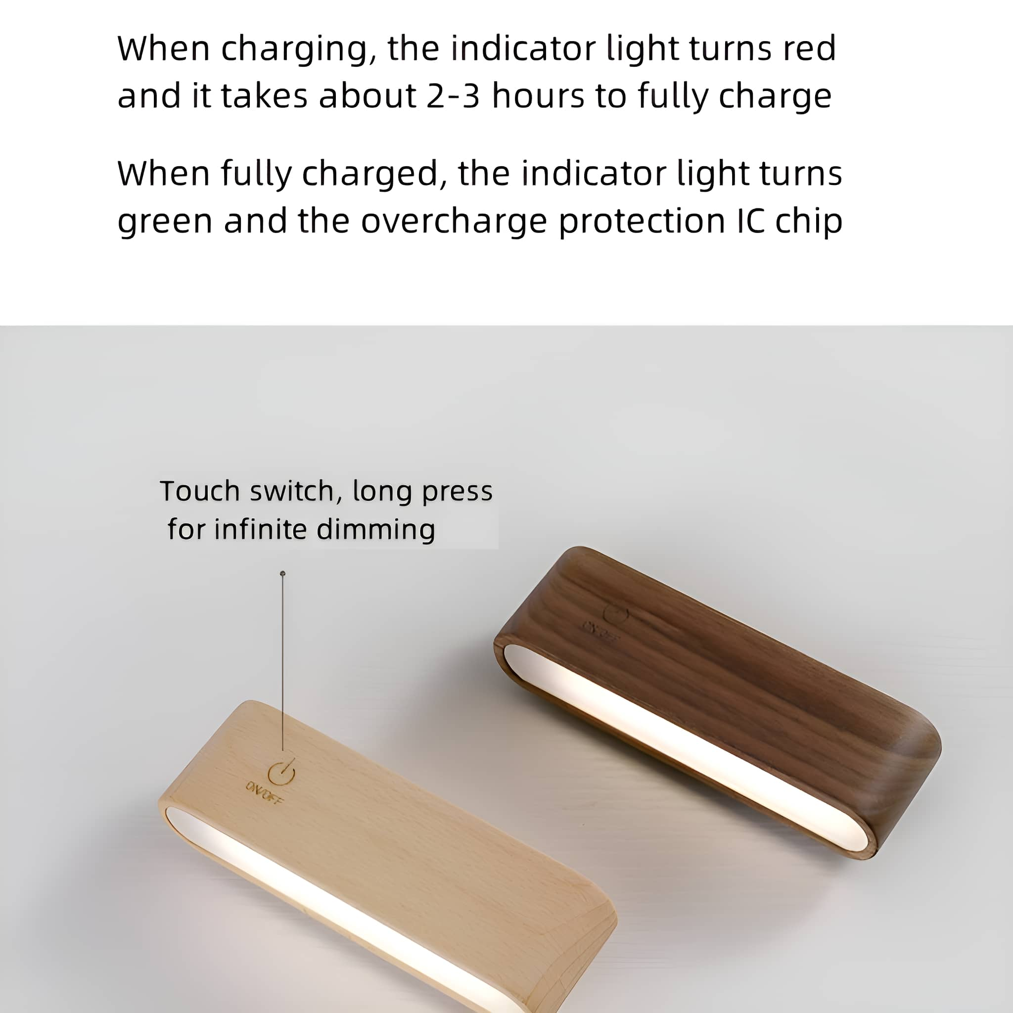 Zwei Holz-aussehende Lichter, eines an und eines aus. Text beschreibt die Anzeigeleuchte und die Touch-Schalter-Funktionen.