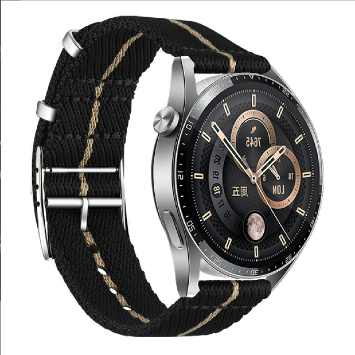 Smartwatch con cinturino nero e beige e cassa metallica.