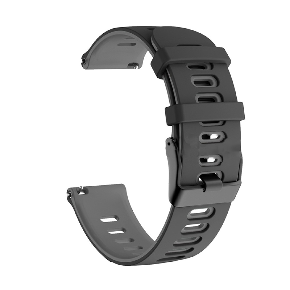 Cinturino con un design grigio scuro e nero. Ha fori e una fibbia.