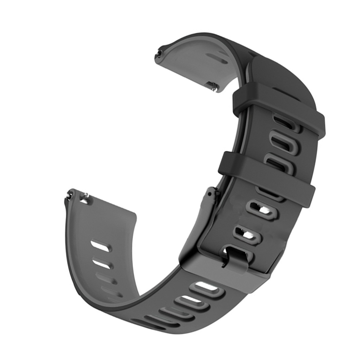 Cinturino per smartwatch nero e grigio. Ha una fibbia e un design bicolore.