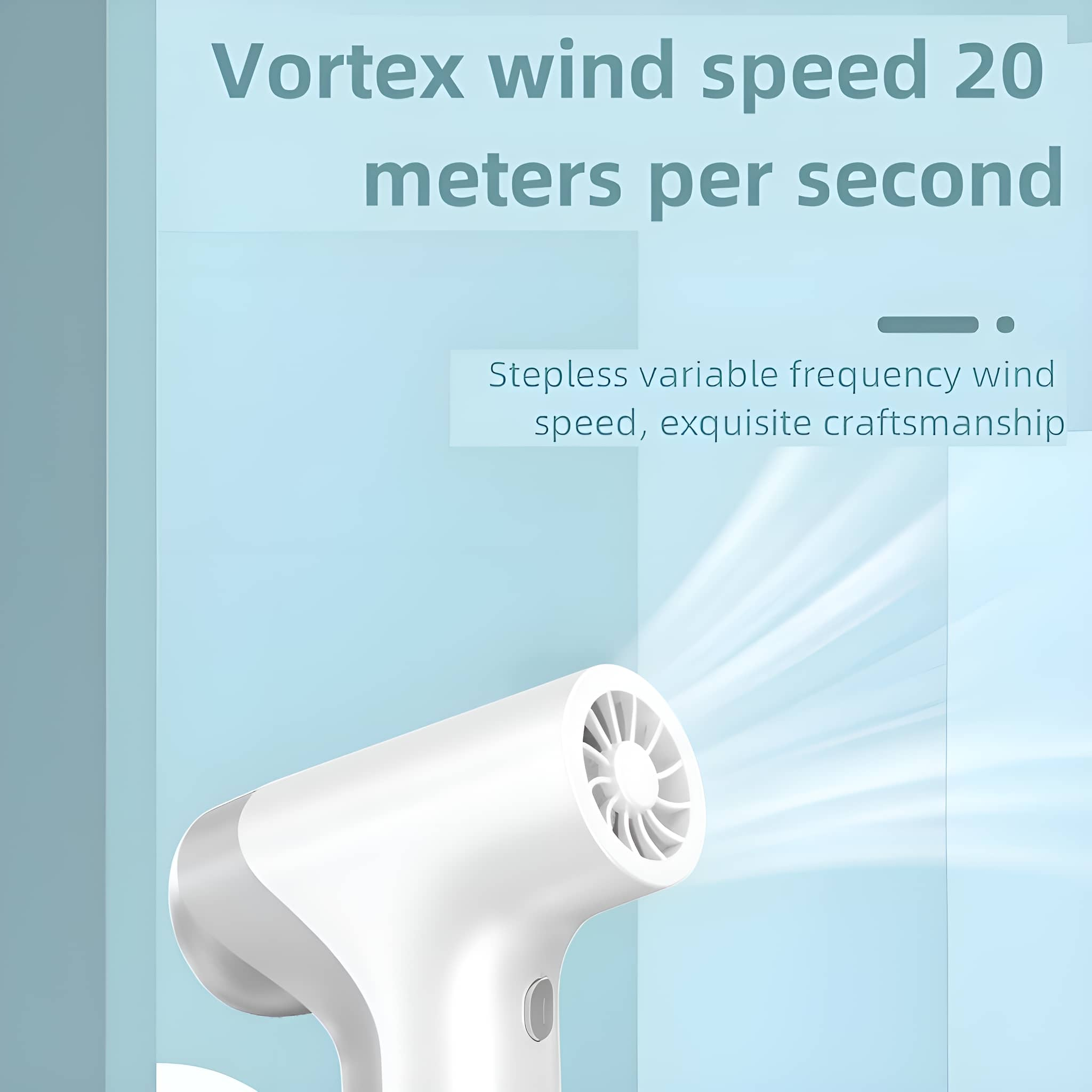 Weißer Haartrockner mit einem Lüfter, der Luft ausbläst. Der Text lautet Vortex-Windgeschwindigkeit 20 Meter pro Sekunde.