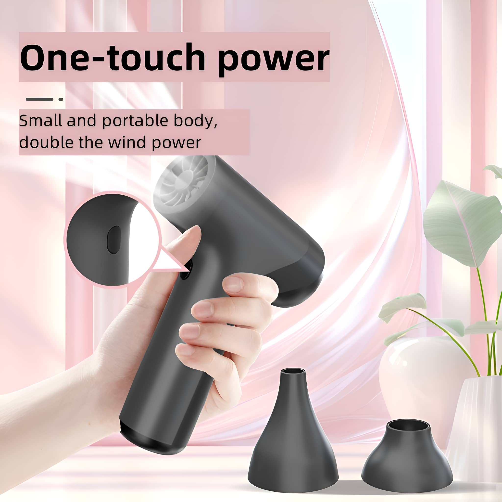 Eine schwarze Handmassagepistole mit Aufsätzen, und eine Hand, die das Gerät hält, rosafarbener Hintergrund.