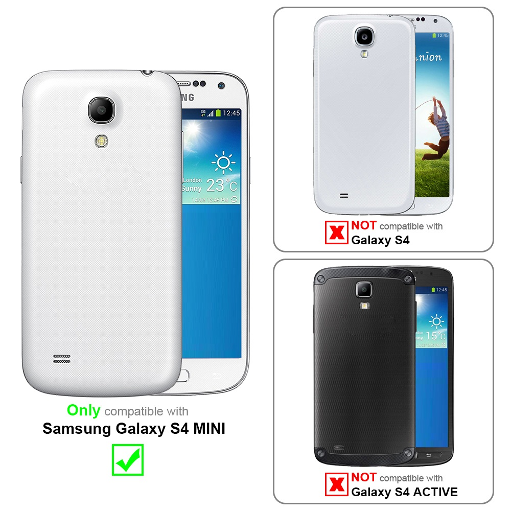 Telefono bianco con custodia. Informazioni di compatibilità per Samsung Galaxy S4 MINI. Spunta. Non per S4/Active.
