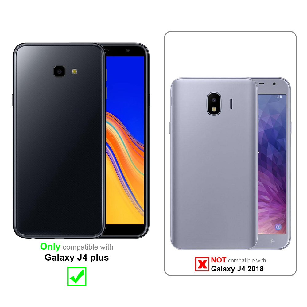 Due telefoni. Uno nero, compatibile solo con Galaxy J4 plus. L'altro grigio, non compatibile con J4 2018.