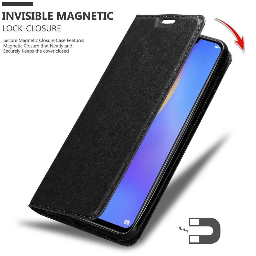 Schwarze Handyhülle mit Magnetverschluss, geöffnet um ein Telefon zu zeigen.