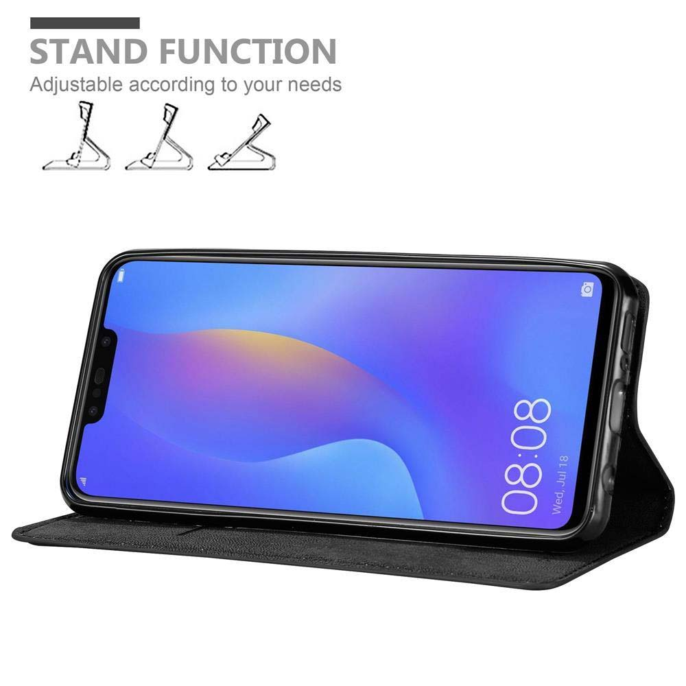 Schwarze Handyhülle mit Telefon. Das Telefon ist im Display. Standfunktion ist sichtbar.