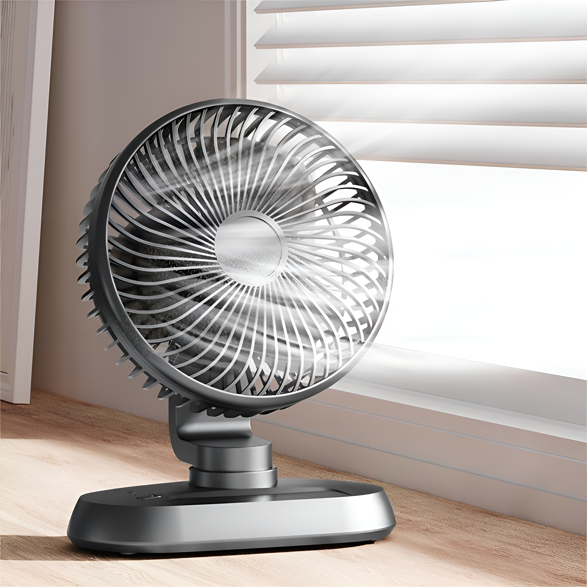 Ein kleiner, silberner Ventilator steht auf einer Holzoberfläche neben einem Fenster mit Jalousien. Der Ventilator ist an.