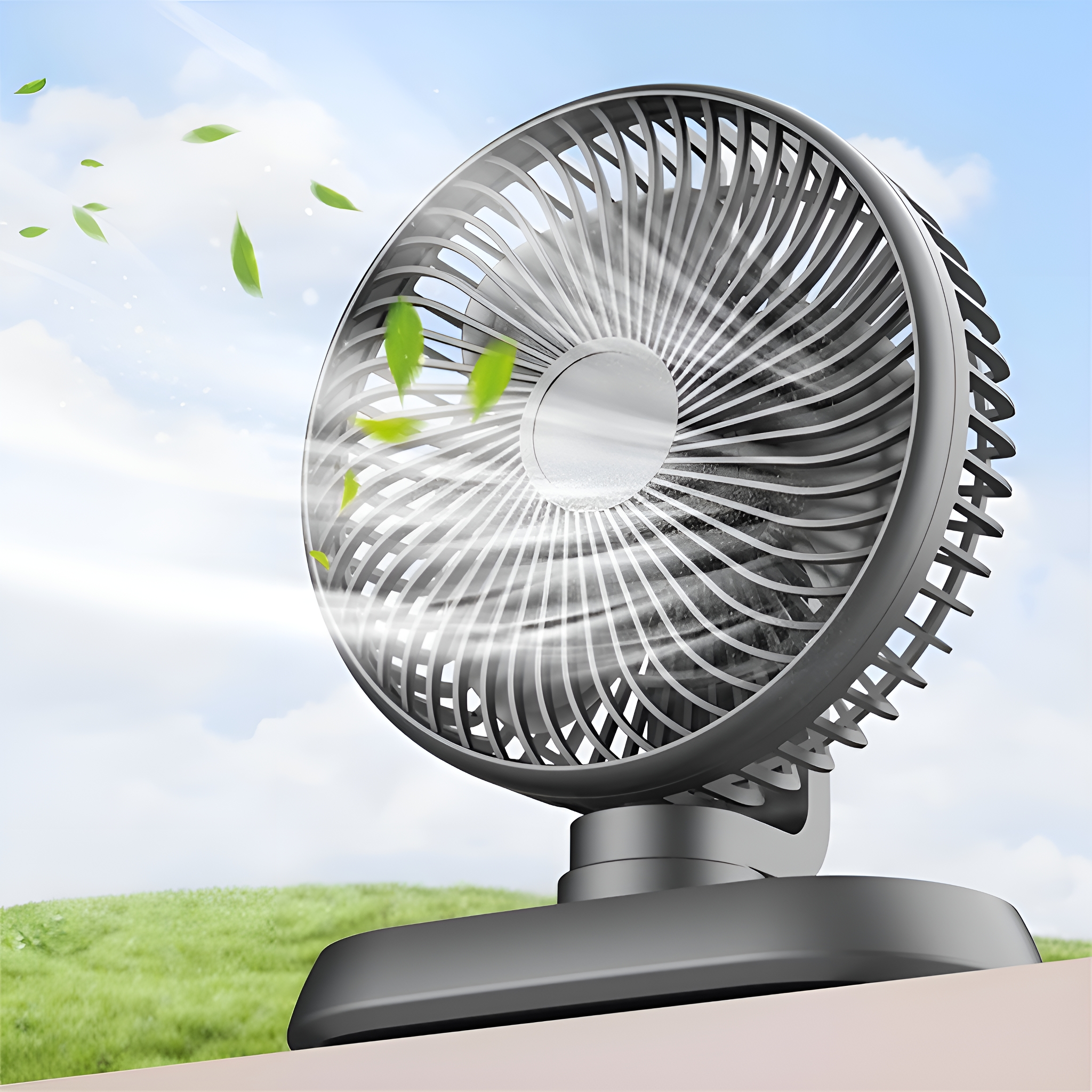Ein silberner und schwarzer Ventilator mit grünen Blättern. Der Ventilator steht auf einem Tisch mit blauem Himmel im Hintergrund.