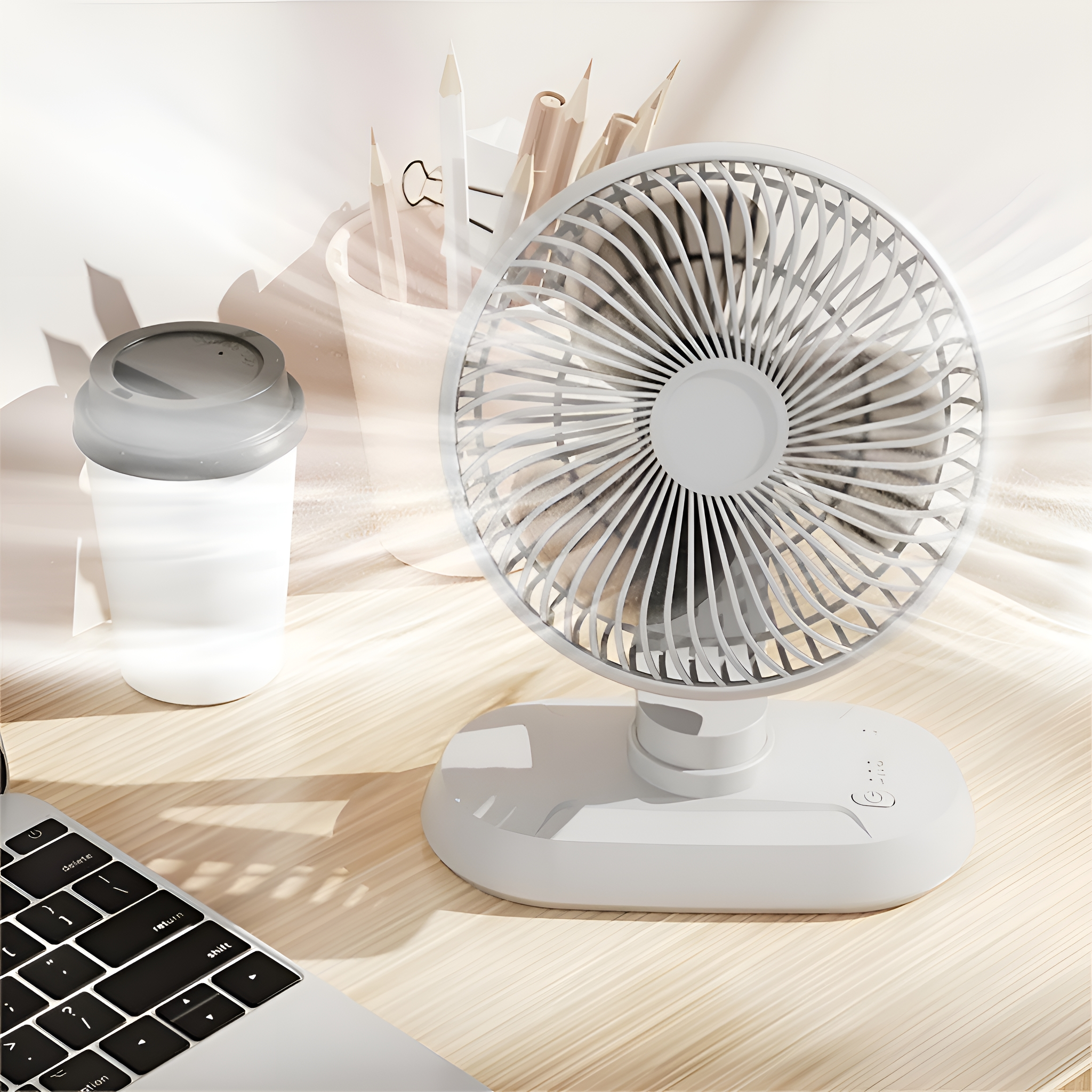 Ein kleiner weißer Ventilator auf einem Schreibtisch, mit einer Kaffeetasse und einem Laptop im Hintergrund.