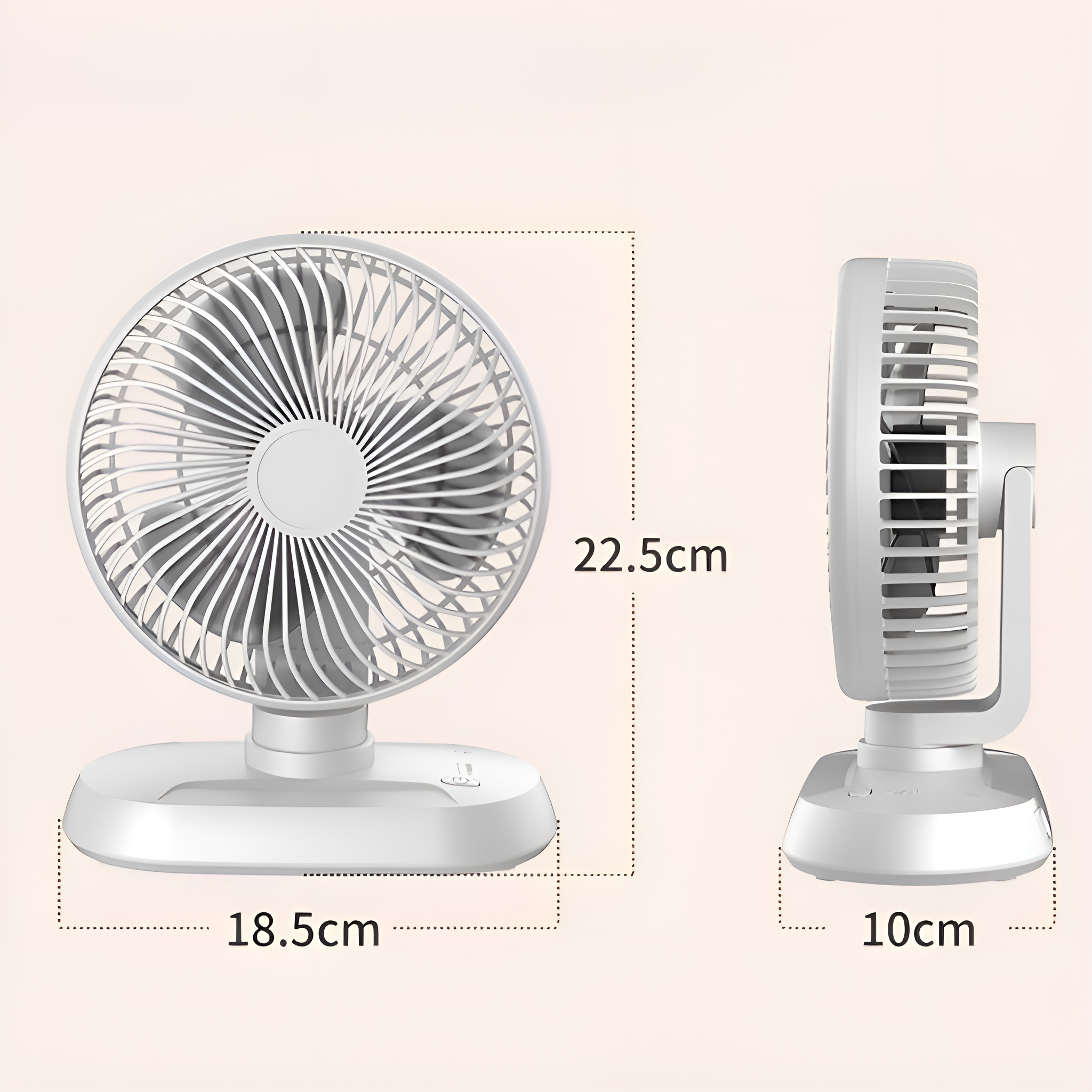 Weißer Schreibtischventilator mit beschrifteten Abmessungen: 22,5 cm Höhe, 18,5 cm Breite, 10 cm Tiefe.