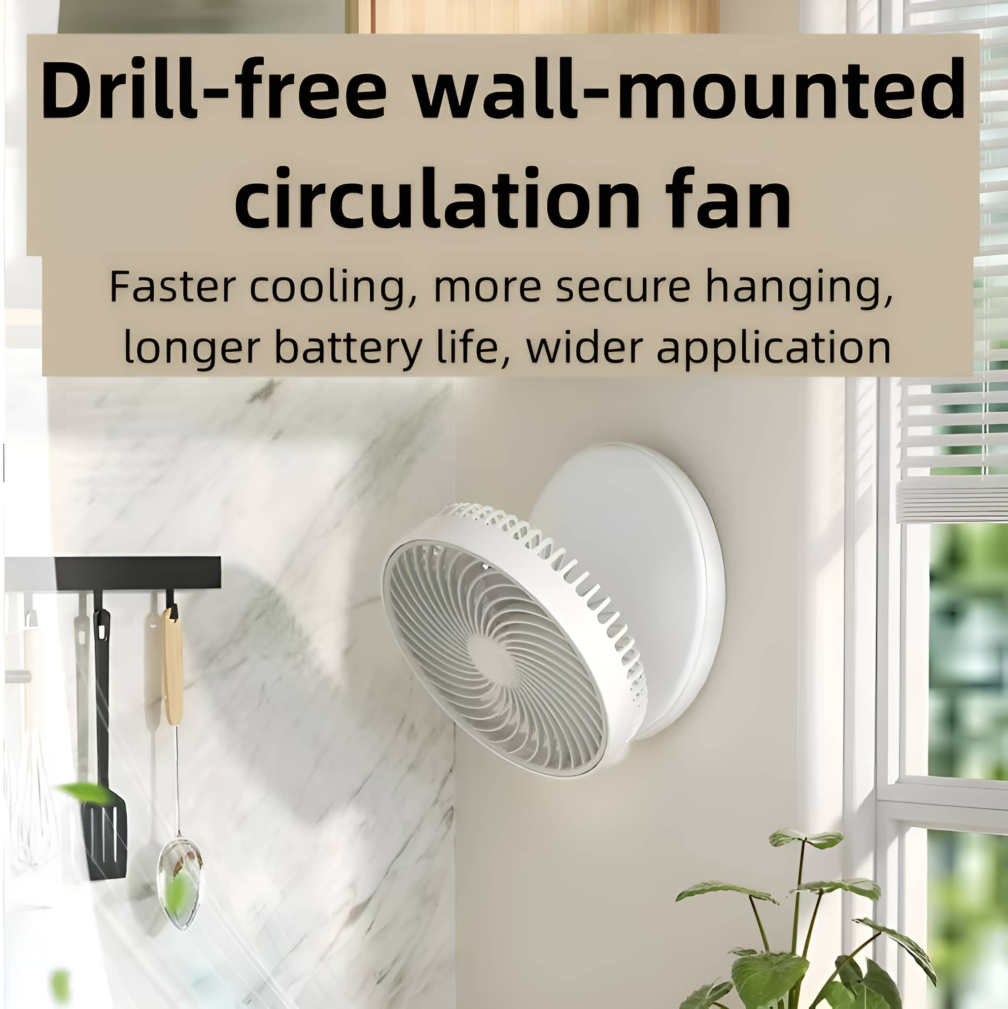 Weißer Ventilator in einer Wandecke montiert. Der Ventilator ist angewinkelt und bläst Luft.
