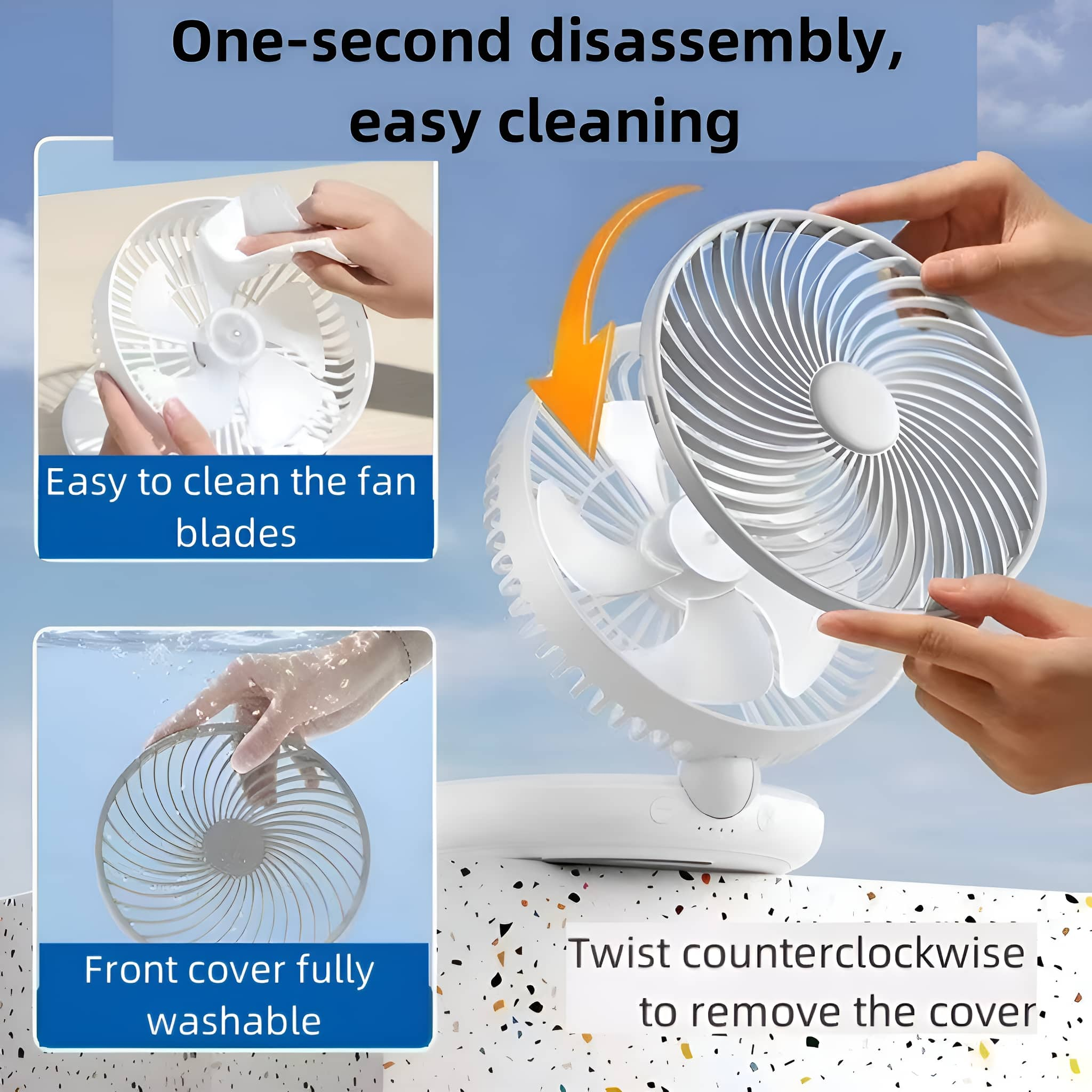 Ein weißer Ventilator, zerlegt, um den Reinigungsprozess zu zeigen. Text beschreibt die Reinigung von Blättern und Abdeckung.