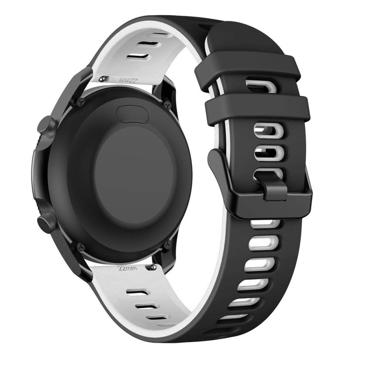 Uno smartwatch nero con un cinturino bianco e nero. L'orologio è angolato verso lo spettatore.
