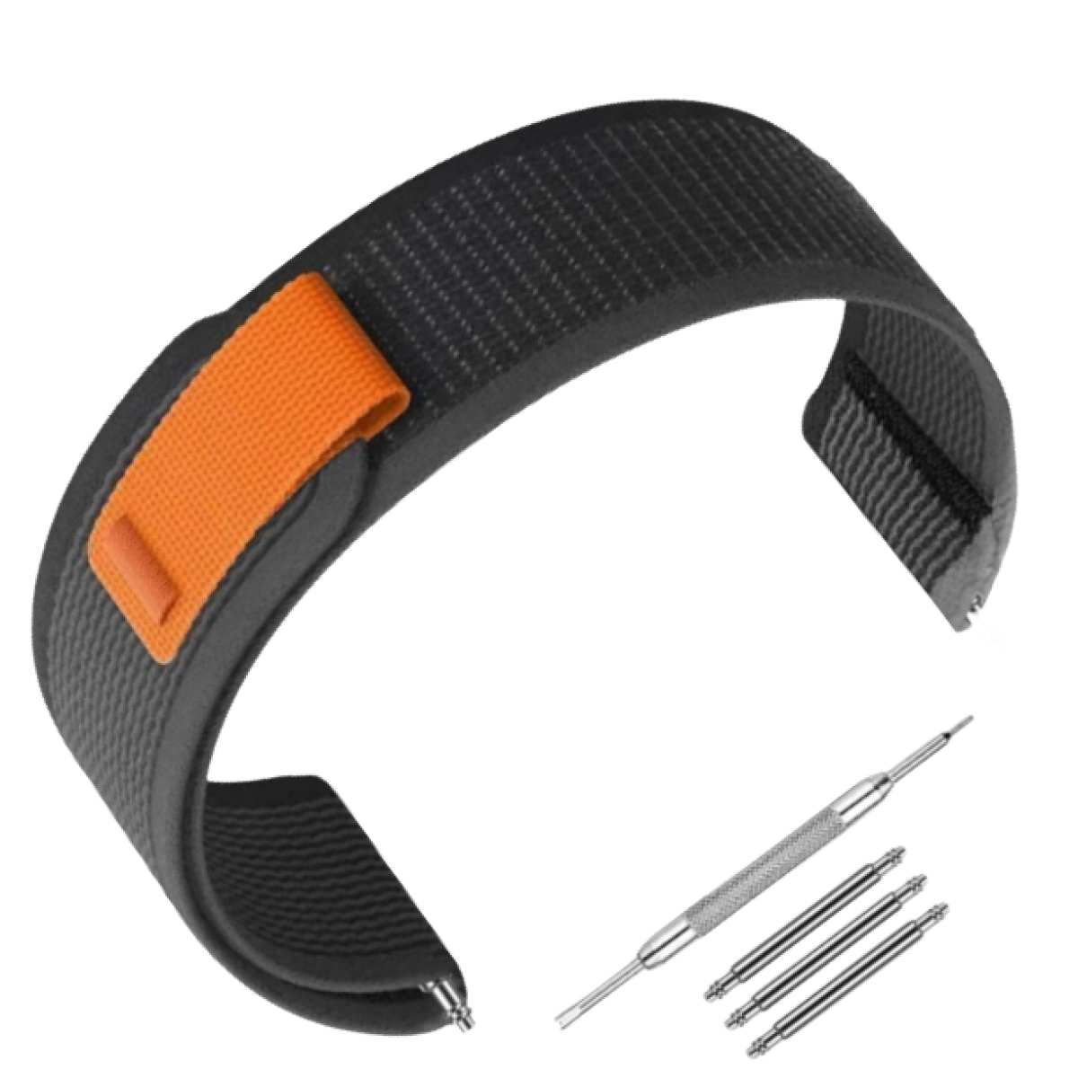 Cinturino nero con fascia arancione e strumenti.