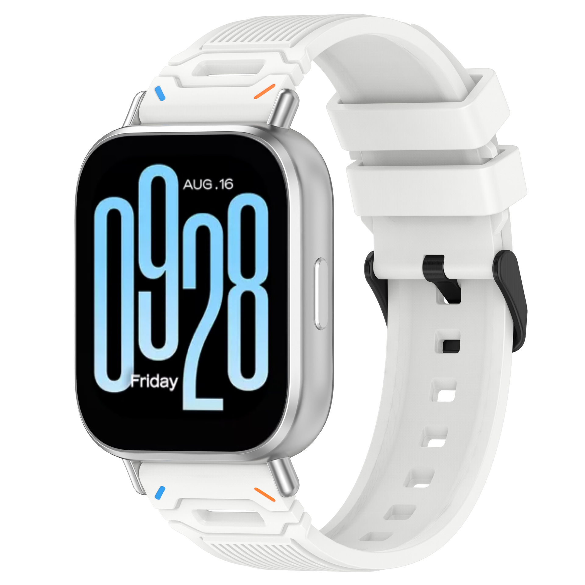 Weiße und silberne Smartwatch mit weißem Armband zeigt eine Digitaluhr an.
