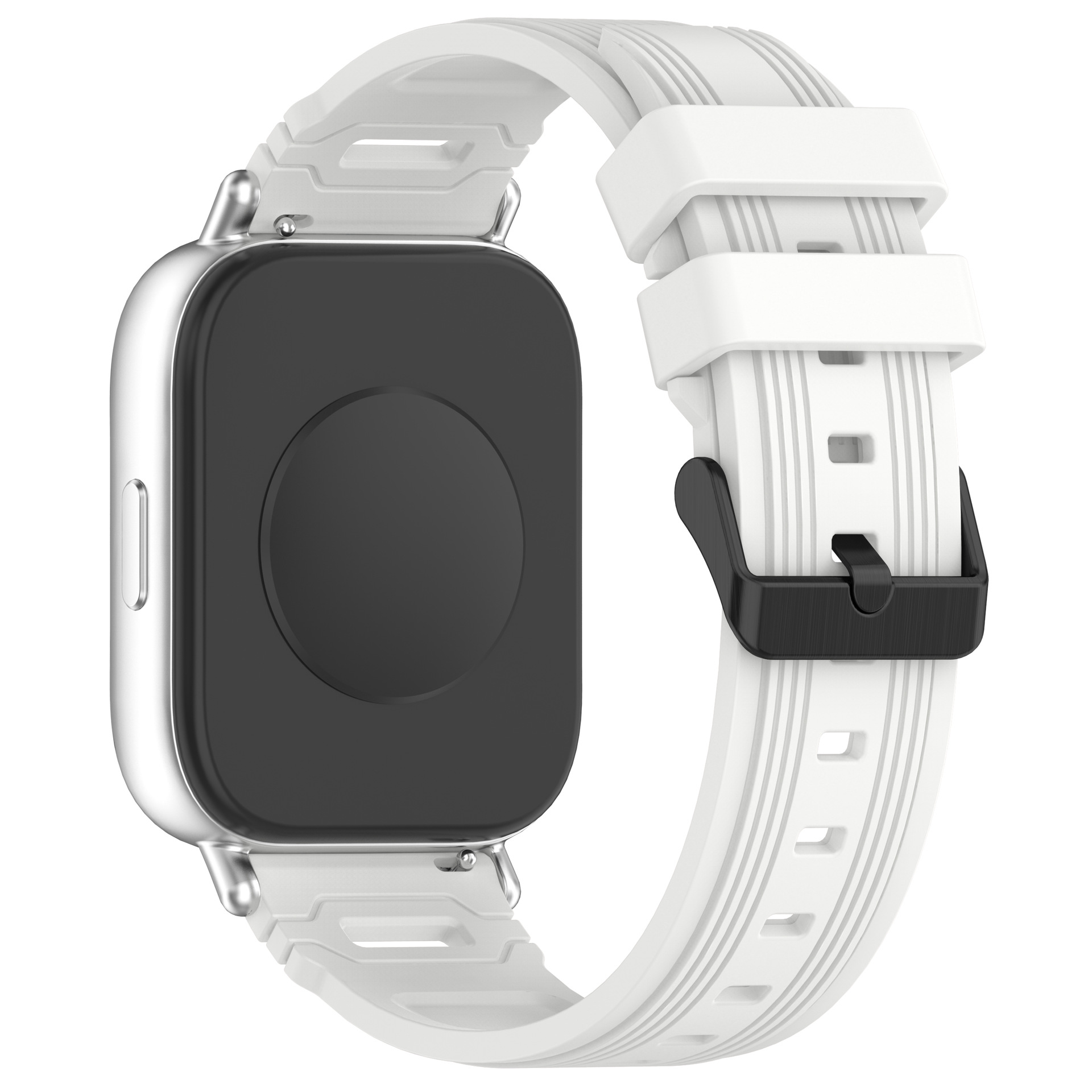 Eine Smartwatch mit weißem Armband und schwarzem Bildschirm. Die Uhr hat ein quadratisches Zifferblatt und eine weiße Band mit schwarzer Schnalle.