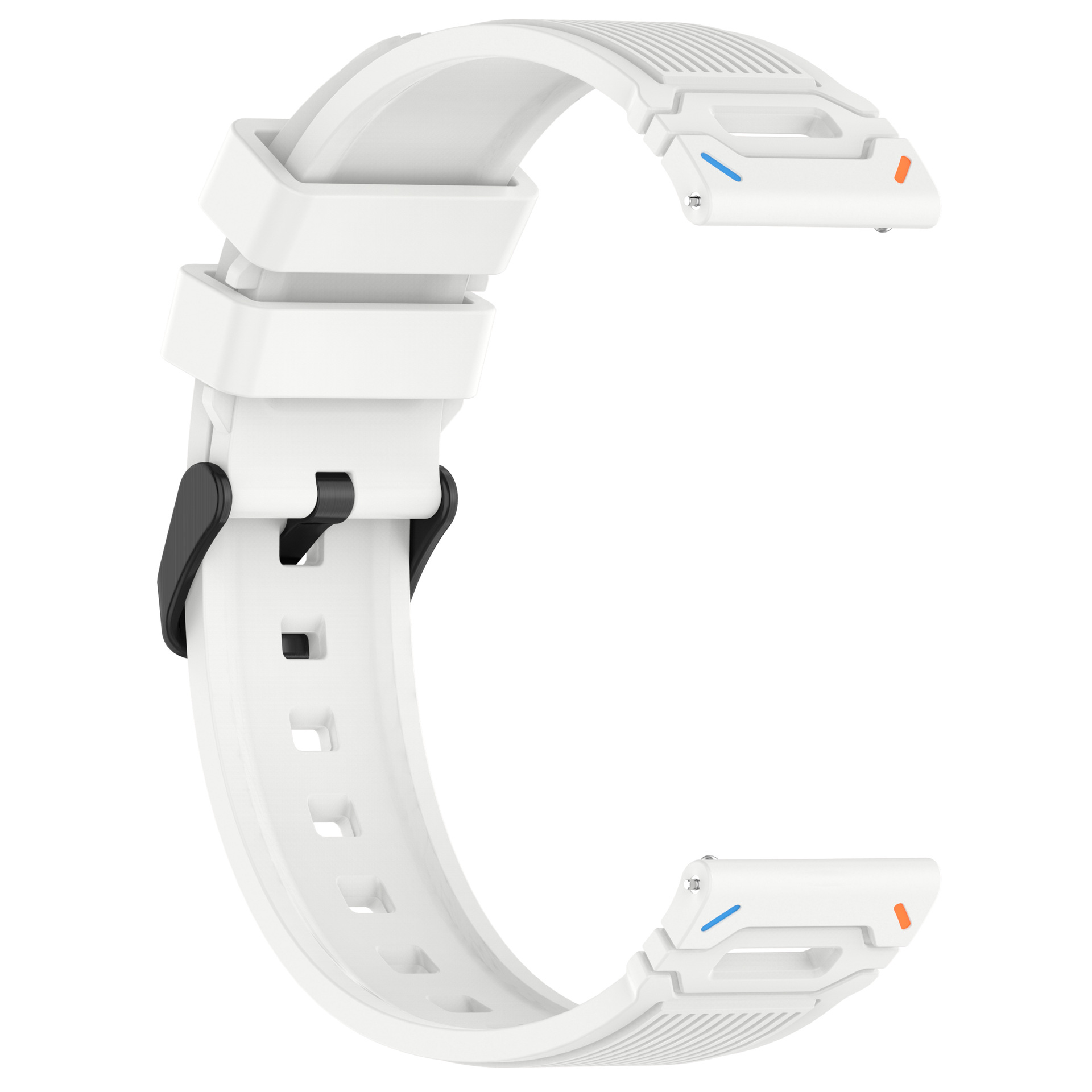 Weißes Uhrenarmband mit schwarzen Akzenten. Es ist C-förmig gebogen.