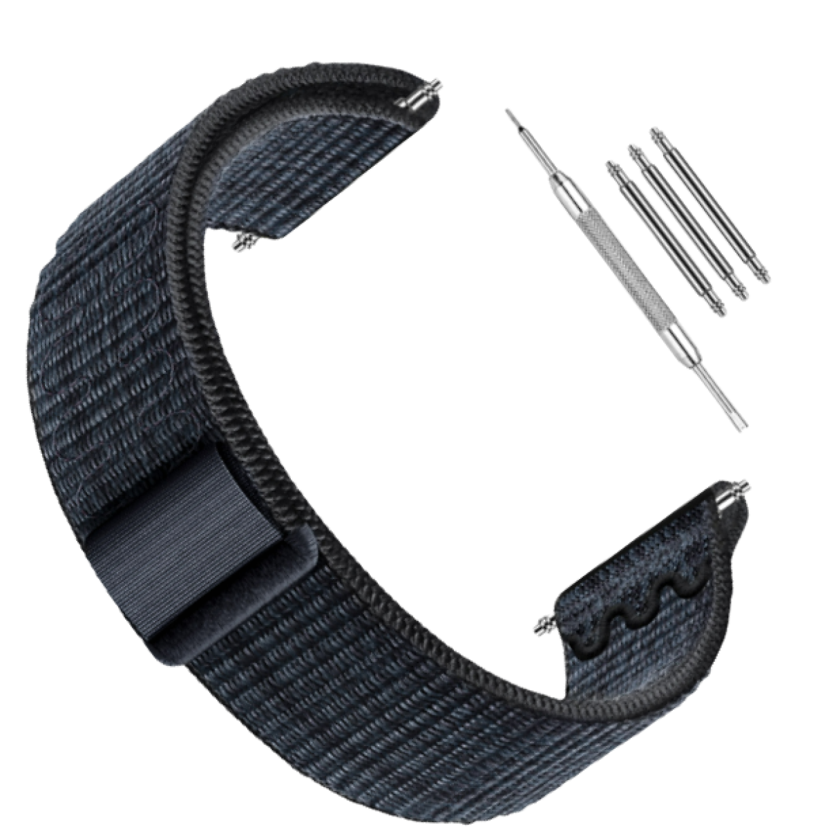 Czarny pasek do zegarka z klamrą i narzędziami na białym tle.