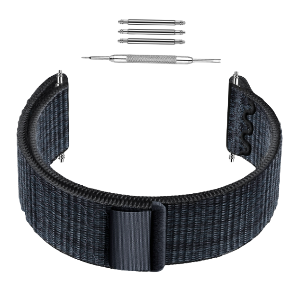 Czarny nylonowy pasek do zegarka, szpilki do zegarka i narzędzie, wszystko na białej powierzchni.