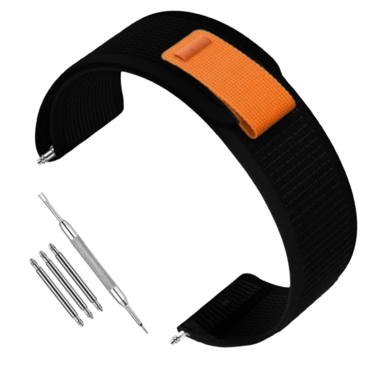 Czarny pasek do zegarka z pomarańczowym kawałkiem materiału oraz zestawem szpilek i narzędziem. To akcesorium.