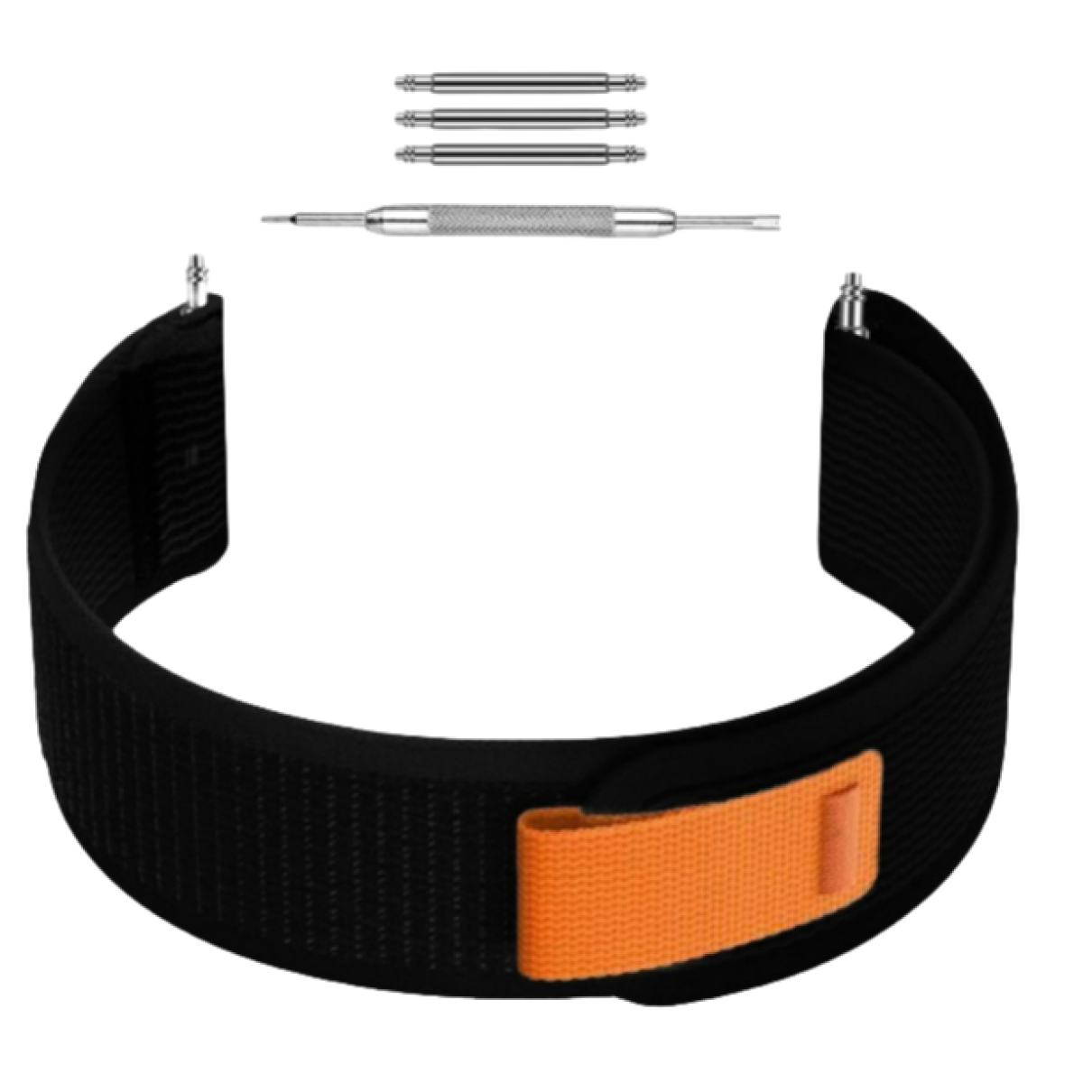 Czarny pasek do zegarka z pomarańczowym zapięciem, plus narzędzia, na białym tle.