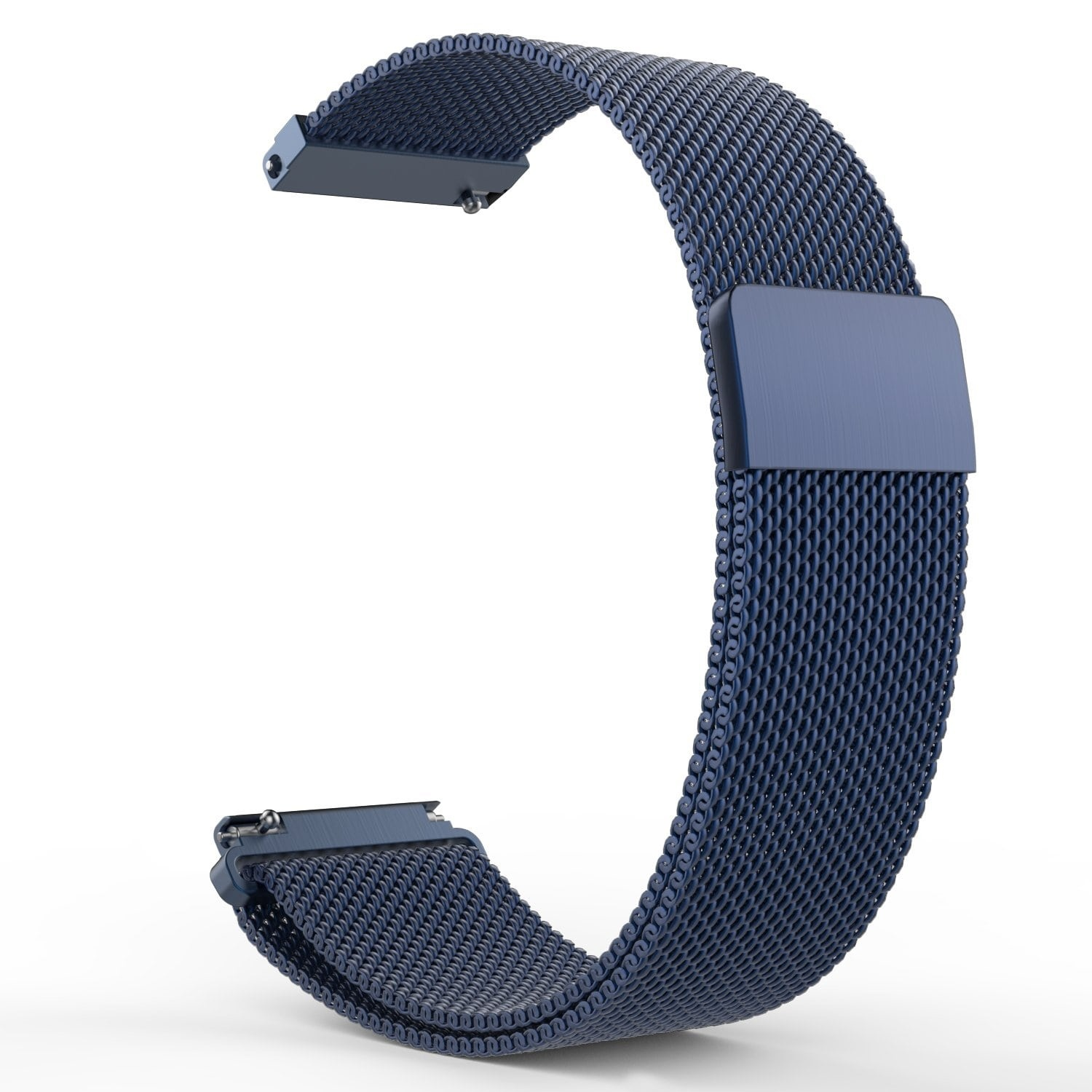 Dunkelblaues Uhrenarmband. Mesh-Design, mit Verschluss. Weißer Hintergrund.