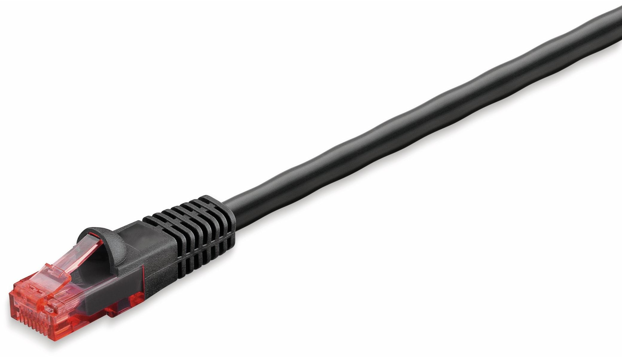 Czarny kabel sieciowy z czerwonym złączem, gotowy do podłączenia. Kabel jest ostry.