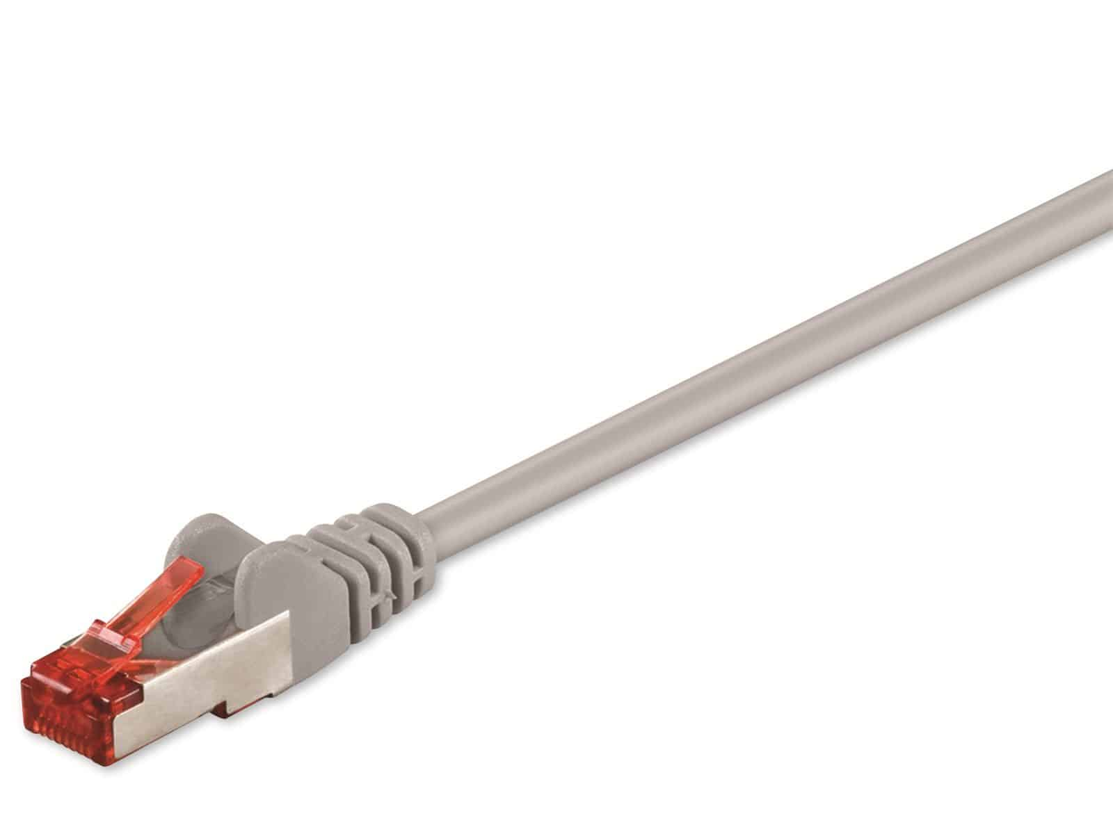 Een grijze netwerkkabel met connectoren op een witte achtergrond.