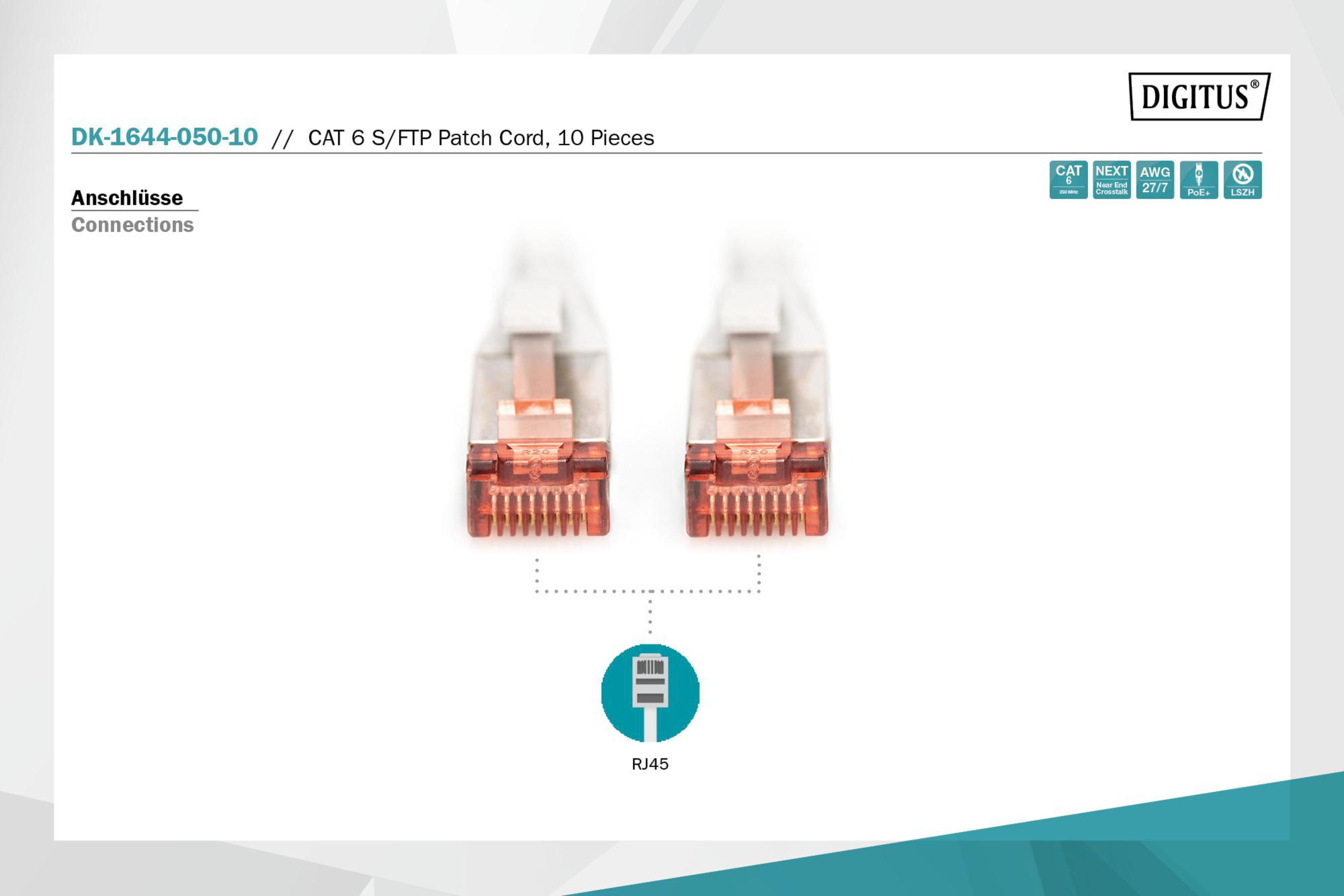 Dwa złącza RJ45 z tekstem: DK-1644-050-10, kabel krosowy CAT 6 S/FTP.