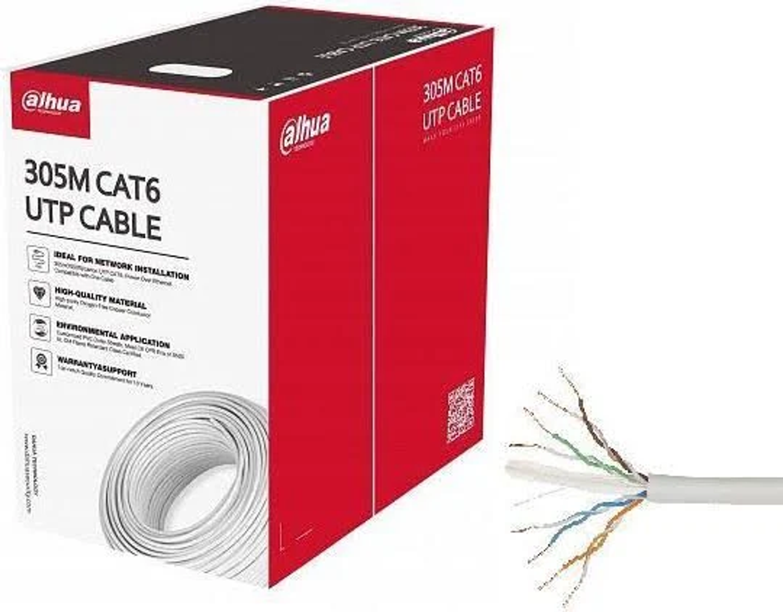 Boîte de câble réseau CAT6 UTP blanc avec fils exposés.