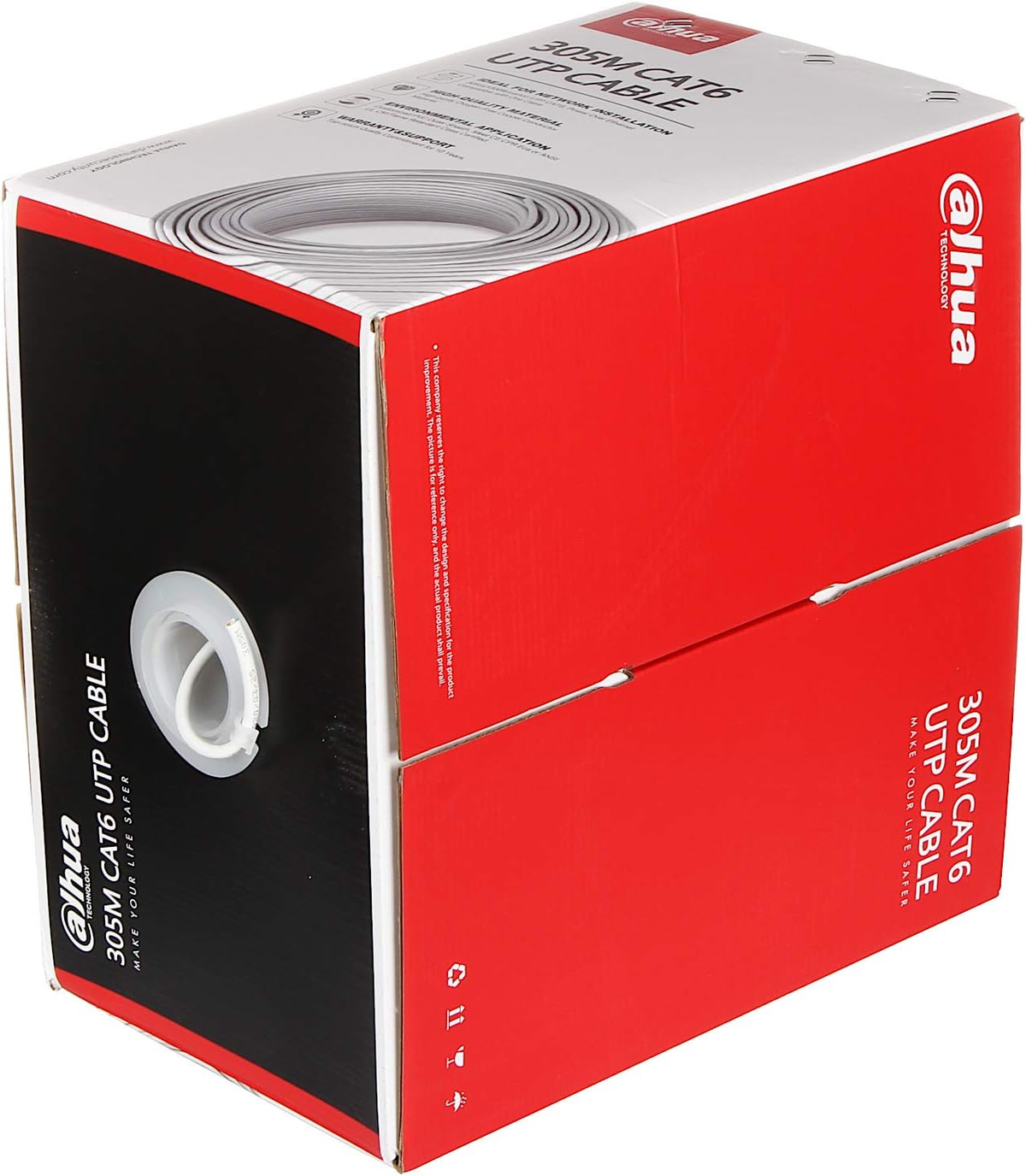 Une boîte blanche et rouge de câble UTP CAT6 de 305M. La boîte présente le logo Ahua.