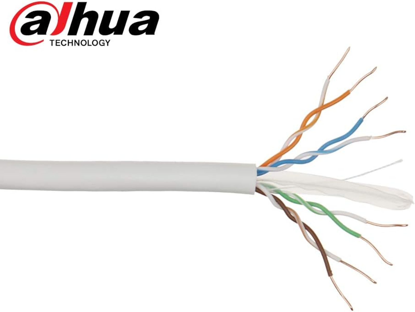 Un câble blanc avec des fils colorés exposés, avec le logo Dahua Technology.