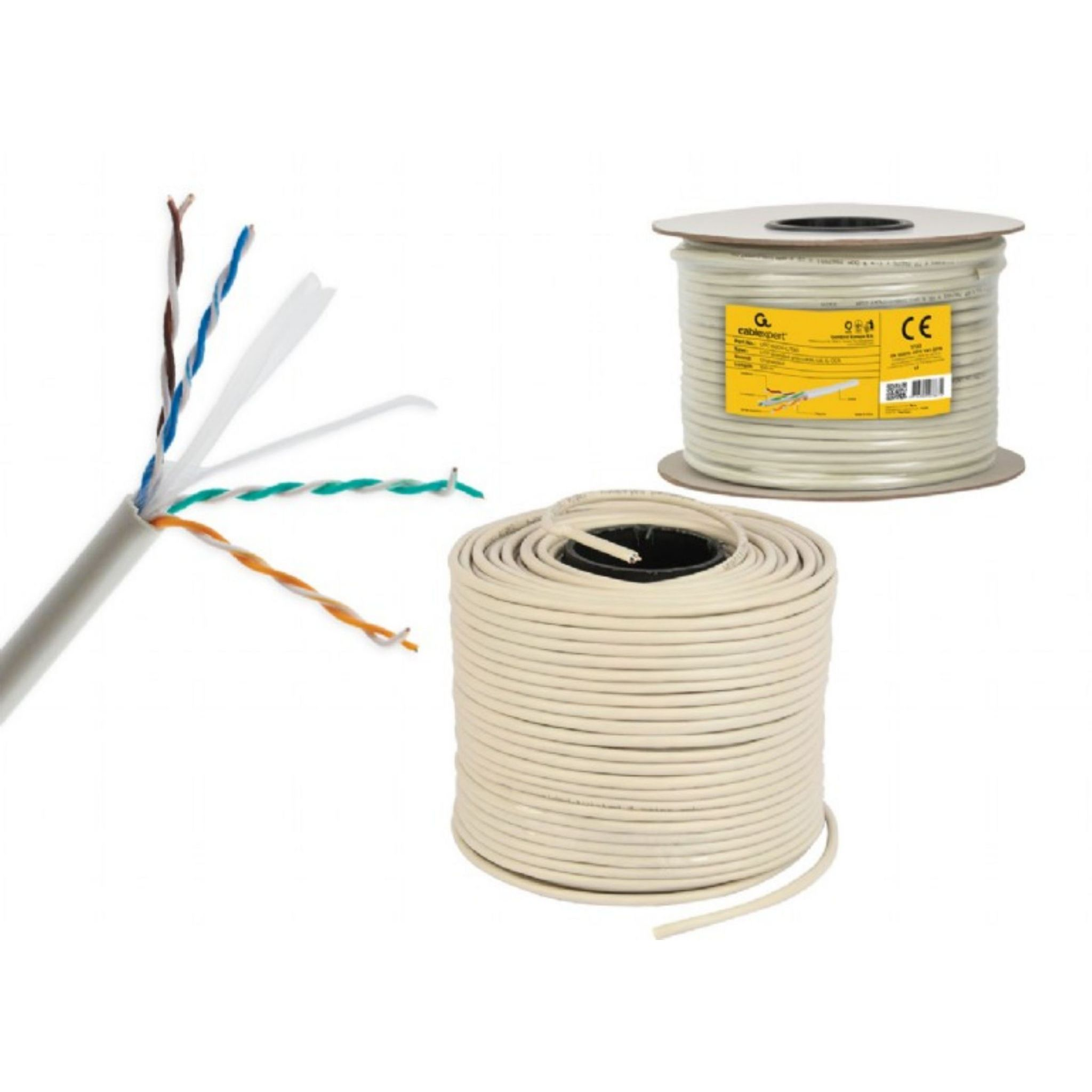 Kable: przecięty szary kabel, biała szpula kabla i zwinięty kabel.