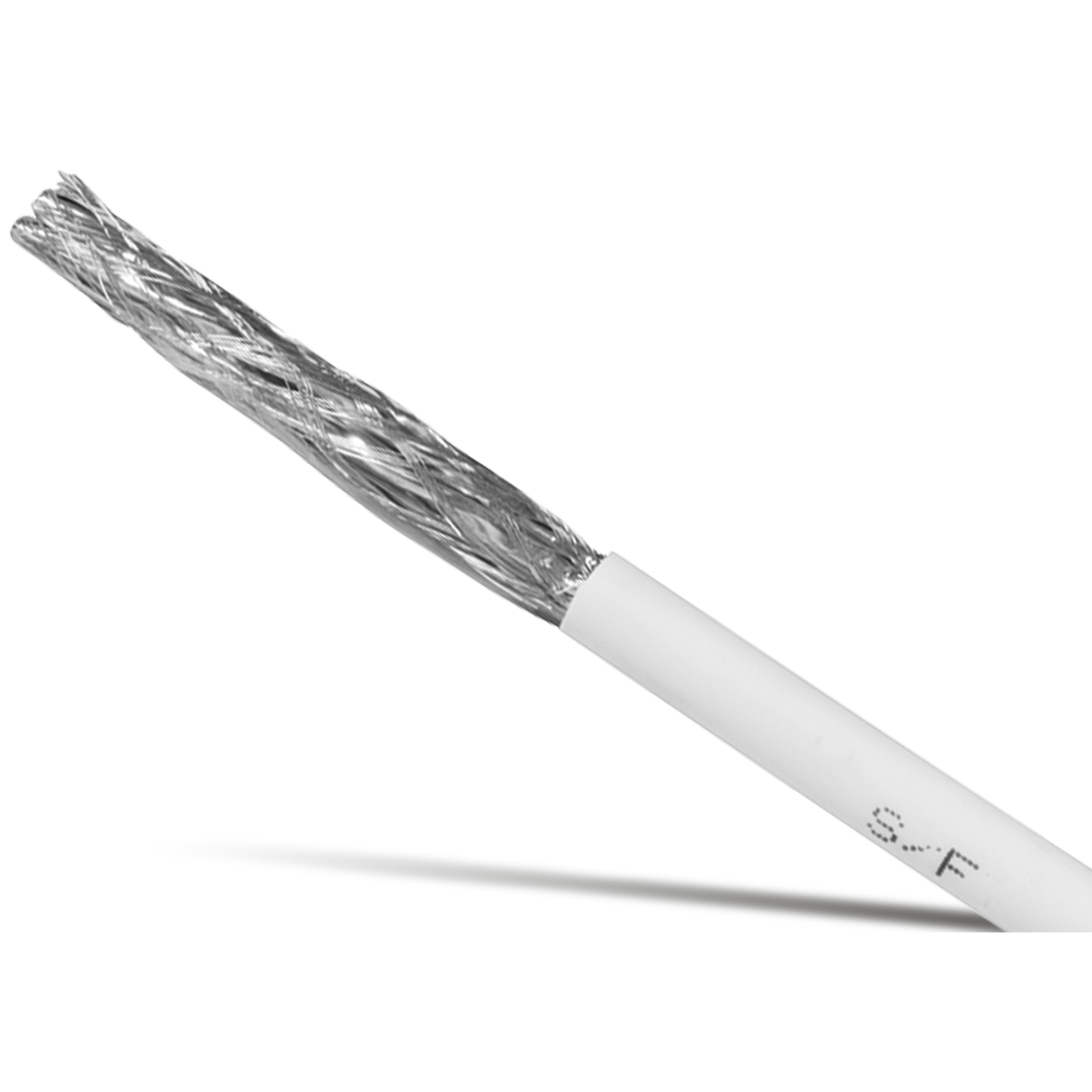 Kabel z srebrnym oplotem i białą warstwą zewnętrzną.