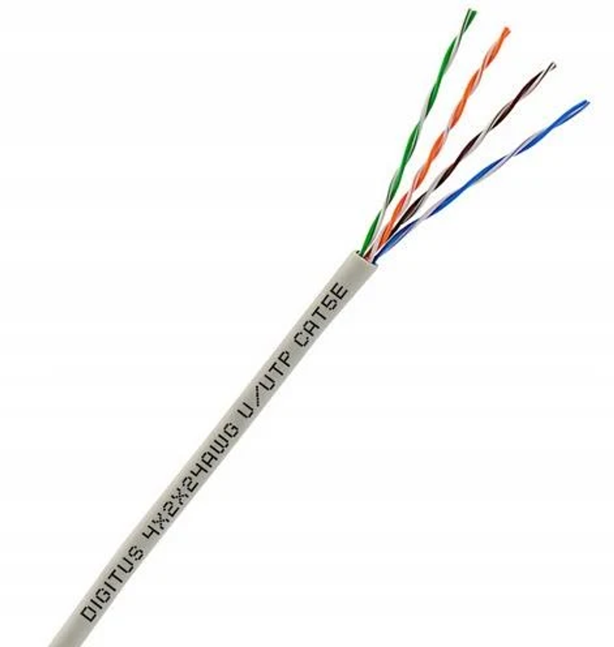 Biały kabel z wieloma kolorowymi przewodami. Tekst DIGITUS U/UTP CAT5E na kablu.