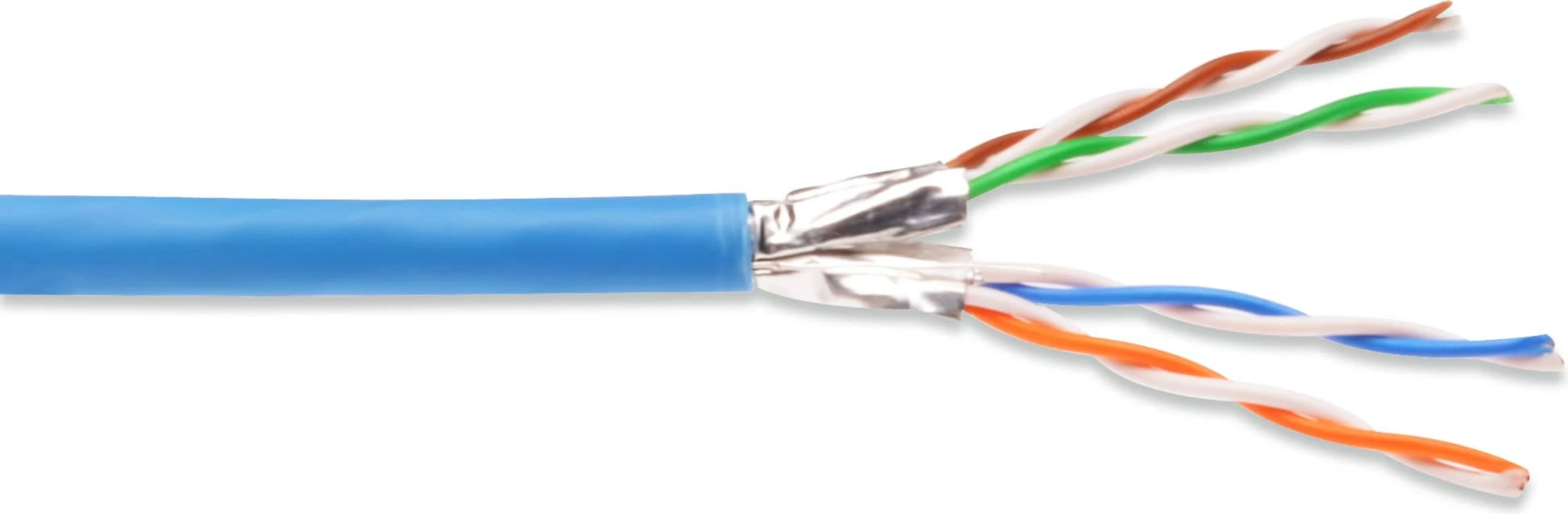 Niebieski kabel z odsłoniętymi kolorowymi przewodami. Przewody są białe, pomarańczowe, zielone i brązowe.