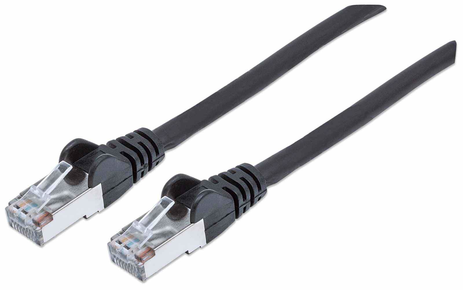 Deux câbles réseau noirs avec connecteurs RJ45. Fond blanc.