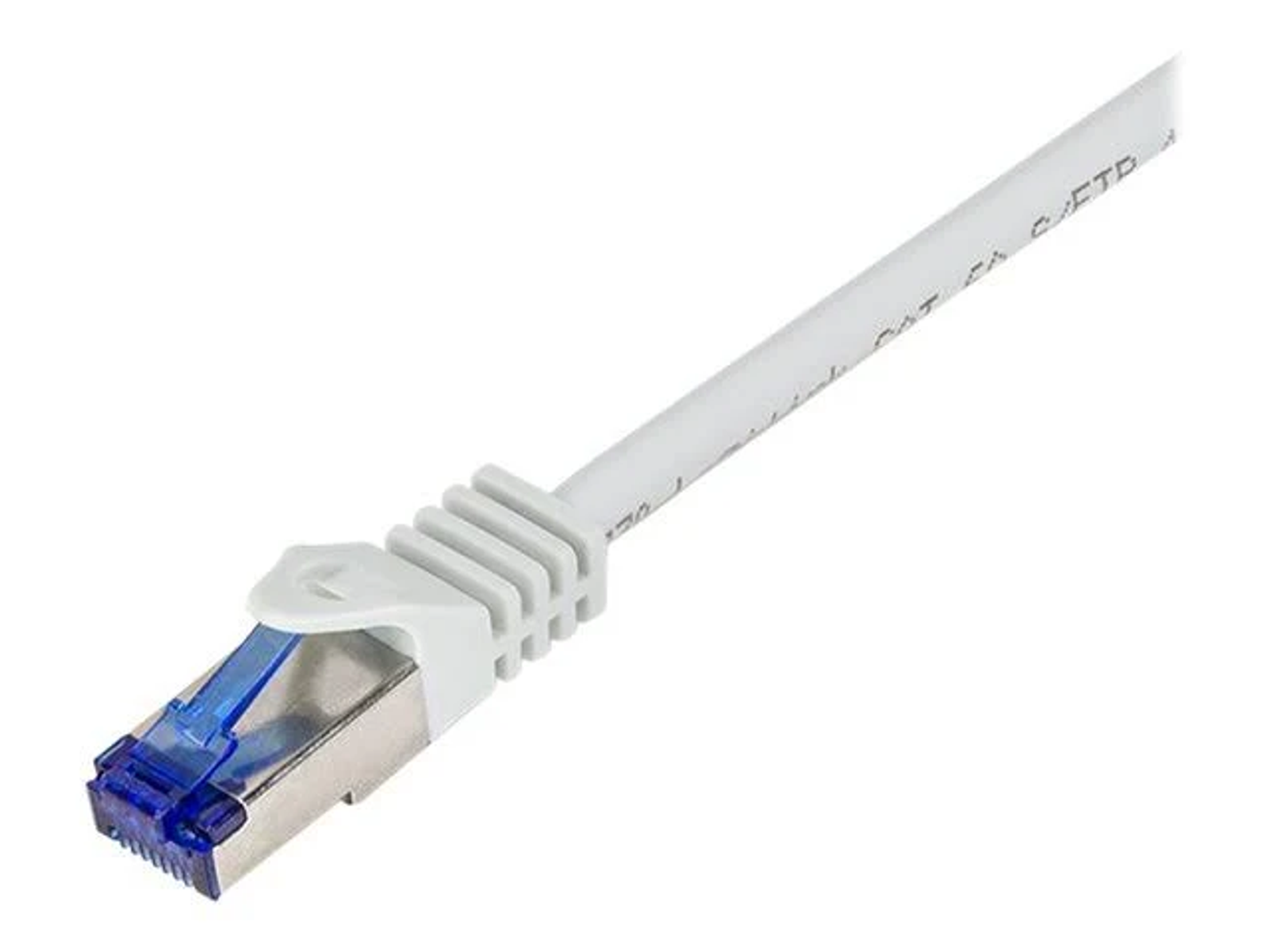 Biały kabel Ethernet ze srebrnym i niebieskim złączem. Złącze ma plastikowy klips.