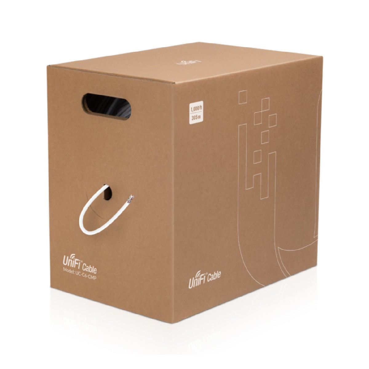 Kartonowe pudełko z kablem, z napisem 'Unifi Cable' i wychodzącym białym kablem.