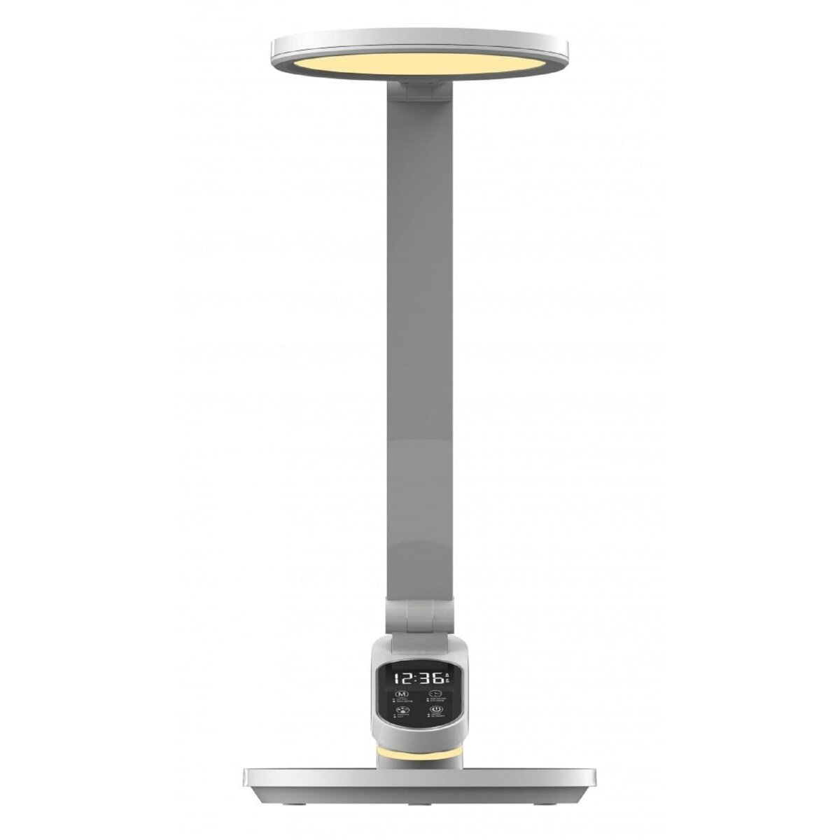 Eine weiße Schreibtischlampe mit kreisförmigem Licht, langem Stiel und Digitalanzeige.