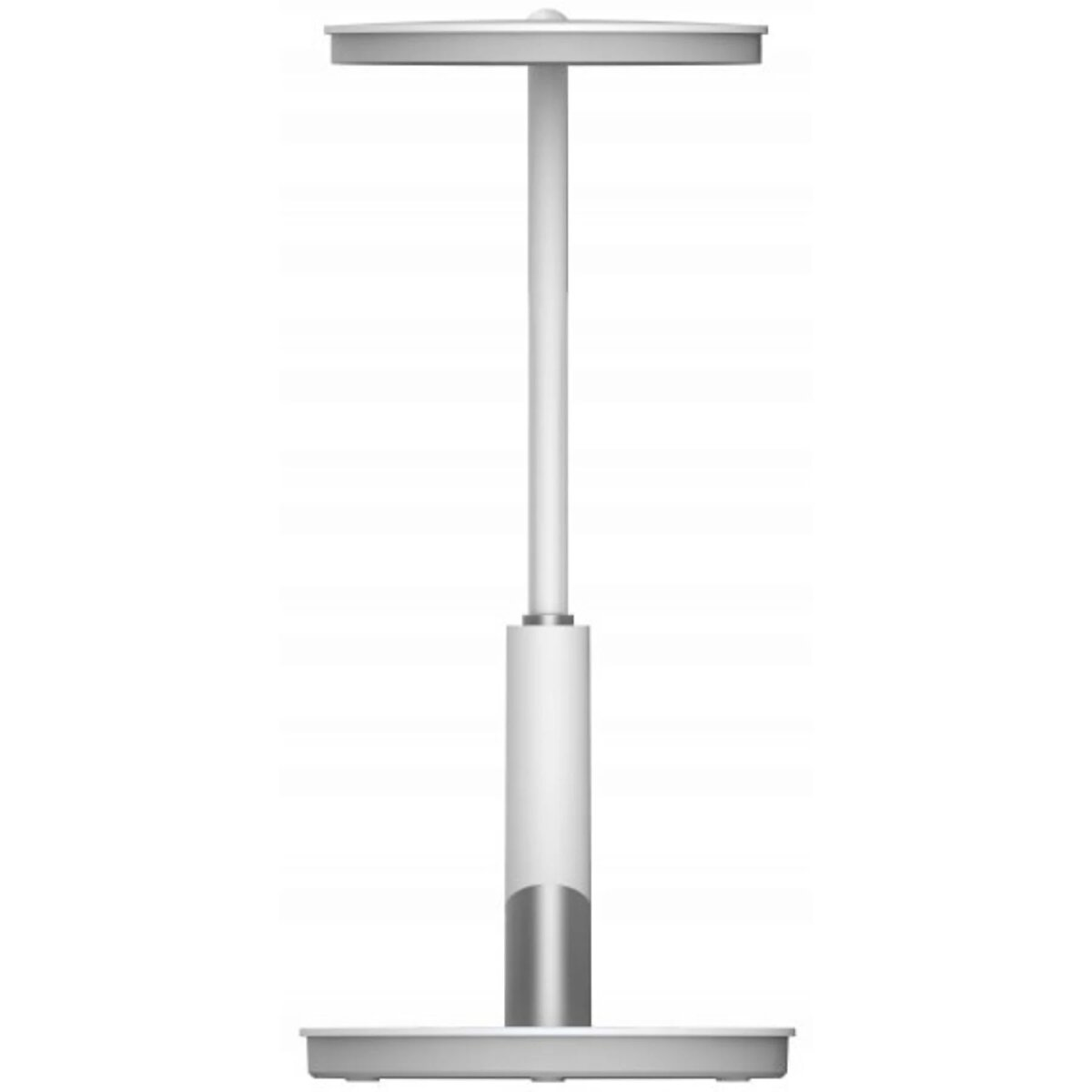 Eine weiße Stehlampe mit rundem Ober- und Unterteil, auf weißem Hintergrund.
