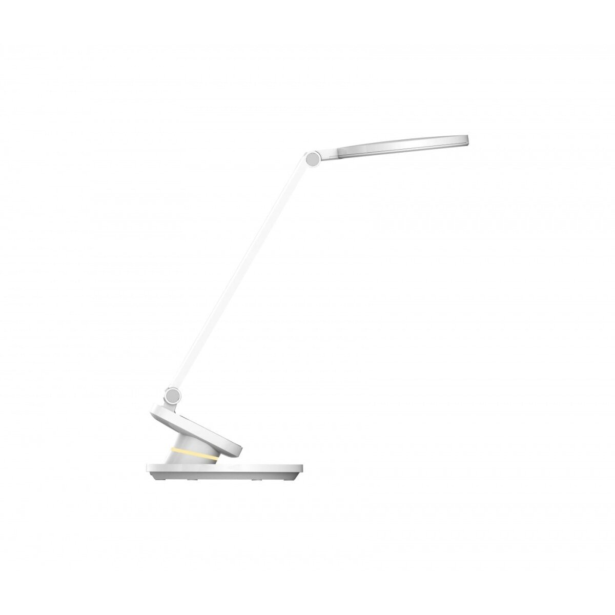 Eine weiße Schreibtischlampe mit verstellbarem Arm und rechteckigem Leuchtkopf.