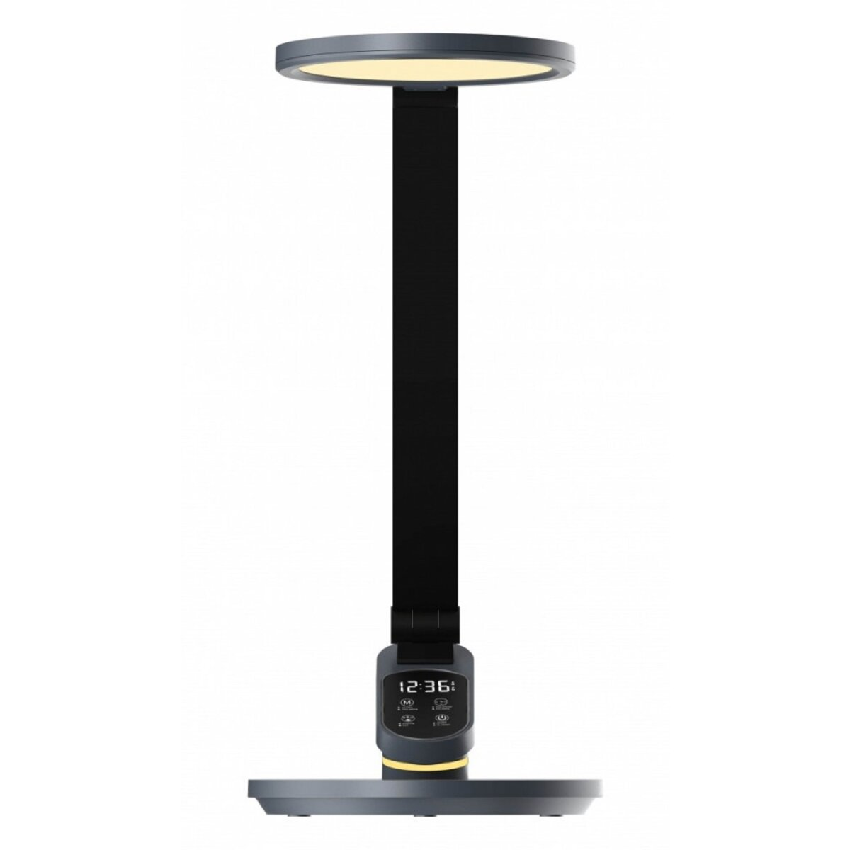 Eine moderne Lampe mit rundem Oberteil, langem schwarzem Stiel und rechteckigem Sockel mit Bildschirm.