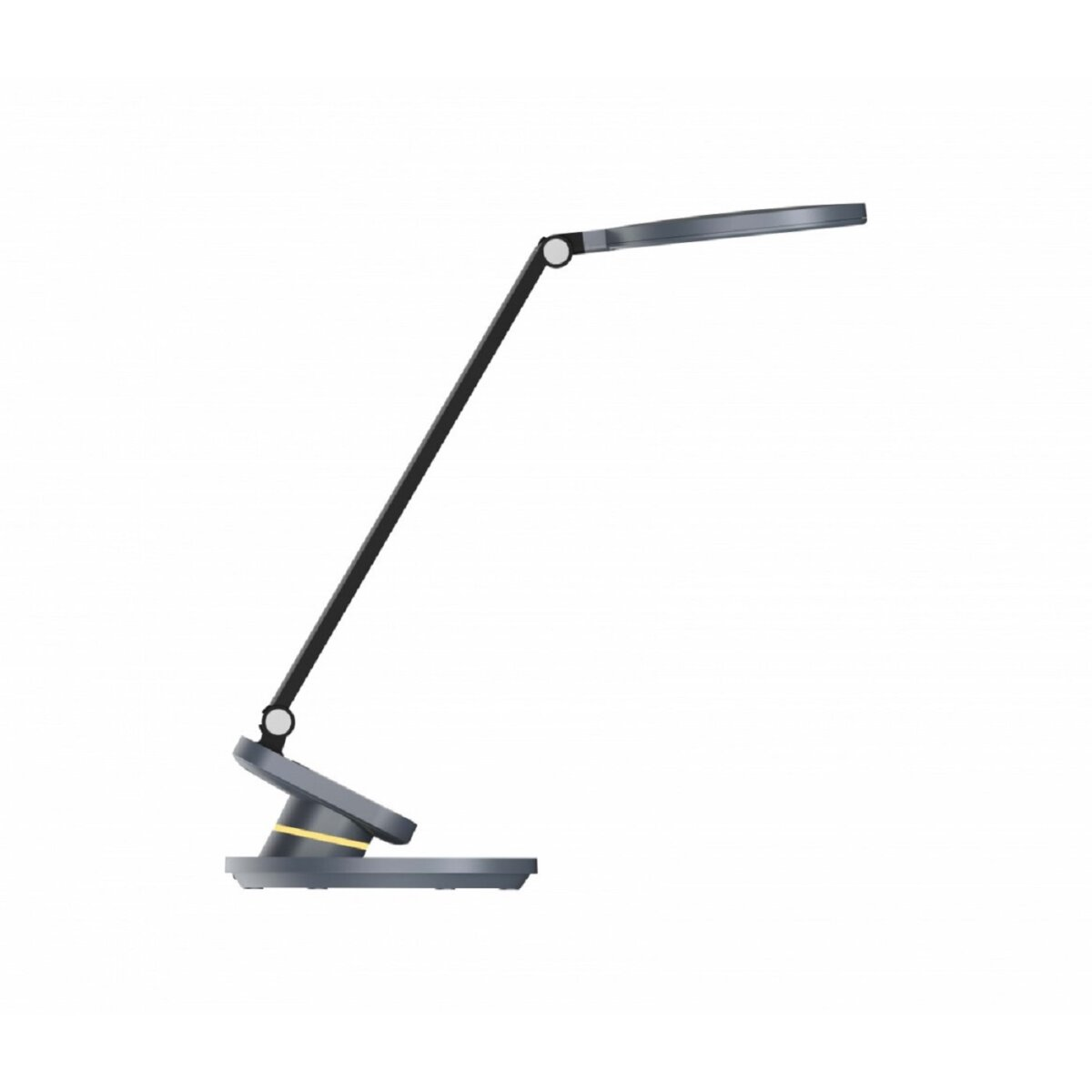 Moderne schwarze Schreibtischlampe, verstellbarer Arm. Helle und graue Basis, weißer Hintergrund.
