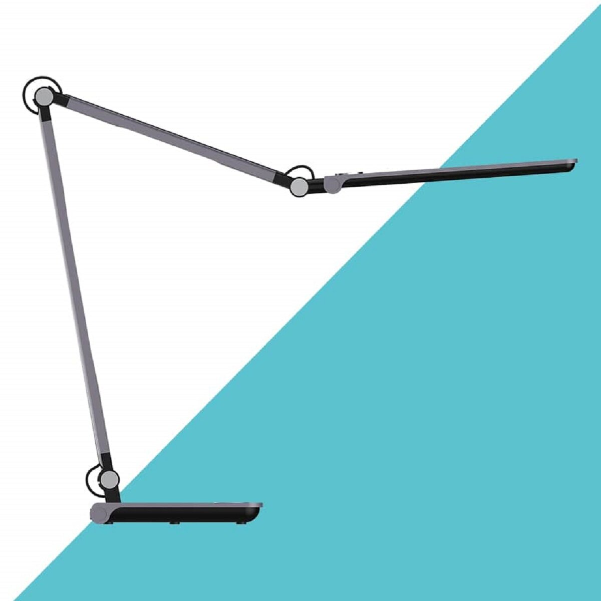 Moderne Schreibtischlampe mit grauem und schwarzem Design, vor türkisfarbenem Hintergrund.